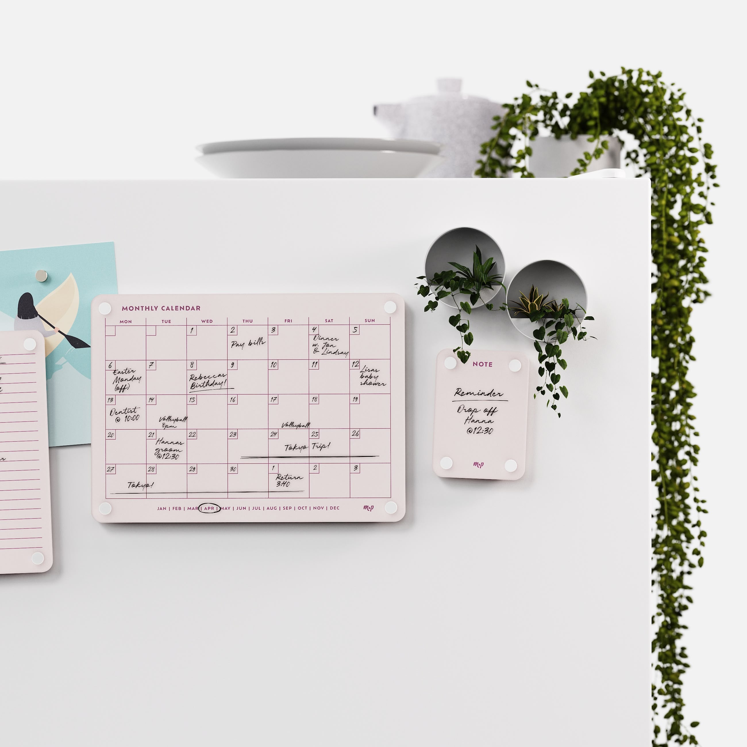 Linen white monthly calendar and note board on a white kitchen wall with magnetic planters and trailing ivy